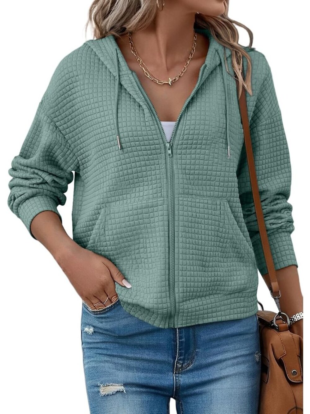 Women's Light Green Zip Up Hoodies Oversized Sweatshirt Waffle Hooded Jackets